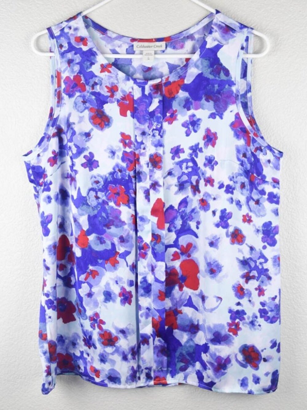 Coldwater Creek Womens L Purple Red Floral Satin Shell Tank Sleeveless Top Pleat